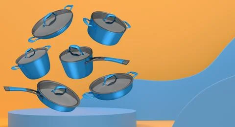 Set of kitchen cookware set with lids floating in midair, over colorful podiu Ilustração Stock
