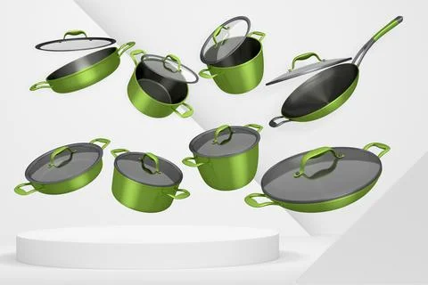 Set of kitchen cookware set with lids floating in midair, over colorful podiu Ilustração Stock