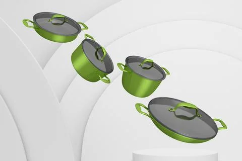 Set of kitchen cookware set with lids floating in midair, over colorful podiu Ilustração Stock