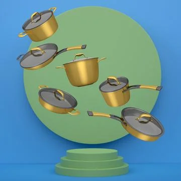 Set of kitchen cookware set with lids floating in midair, over colorful podiu Ilustração Stock