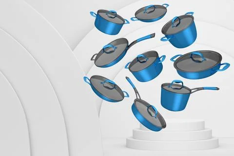 Set of kitchen cookware set with lids floating in midair, over colorful podiu Stock Illustration
