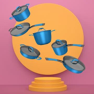 Set of kitchen cookware set with lids floating in midair, over colorfull podium Ilustração Stock