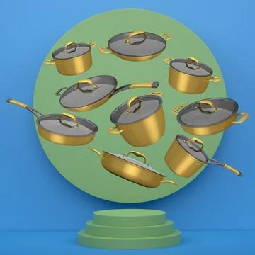 Set of kitchen cookware set with lids floating in midair, over colorfull podium Ilustração Stock