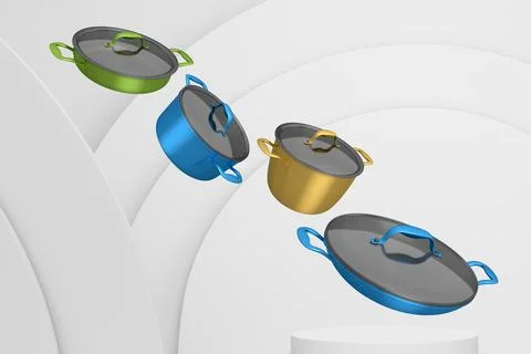 Set of kitchen cookware set with lids floating in midair, over colorfull po.. Ilustração Stock