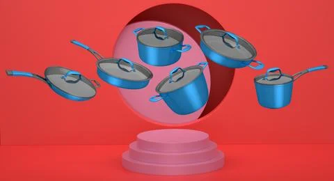 Set of kitchen cookware set with lids floating in midair, over colorfull po.. Ilustração Stock