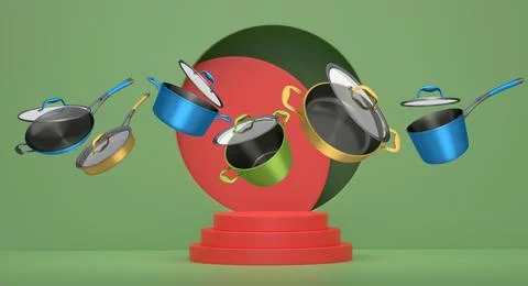 Set of kitchen cookware set with lids floating in midair, over colorfull po.. Stock Illustration