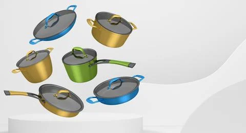 Set of kitchen cookware set with lids floating in midair, over colorful podiu Stock Illustration