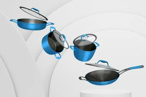 Set of kitchen cookware set with lids floating in midair, over colorfull po.. Stock Illustration