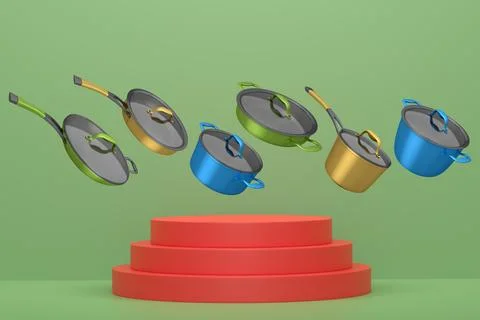 Set of kitchen cookware set with lids floating in midair, over colorful podiu Stock Illustration