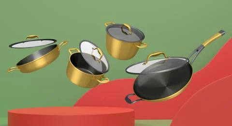 Set of kitchen cookware set with lids floating in midair, over colorfull po.. Stock Illustration