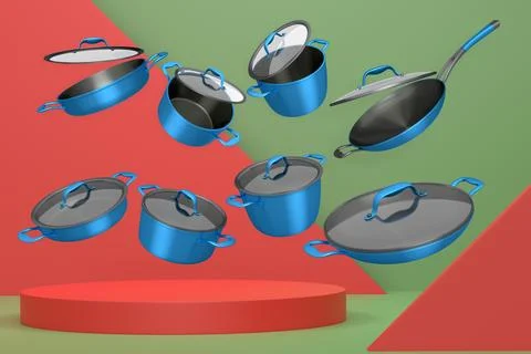 Set of kitchen cookware set with lids floating in midair, over colorfull po.. Stock Illustration