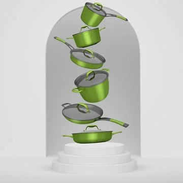 Set of kitchen cookware set with lids floating in midair, over colorfull po.. Stock Illustration