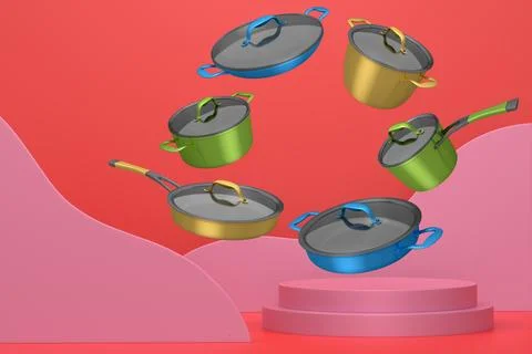Set of kitchen cookware set with lids floating in midair, over colorful podiu Stock Illustration