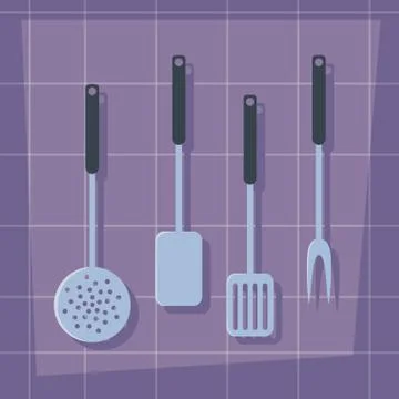 Set of kitchen cutleries hanging Stock Illustration