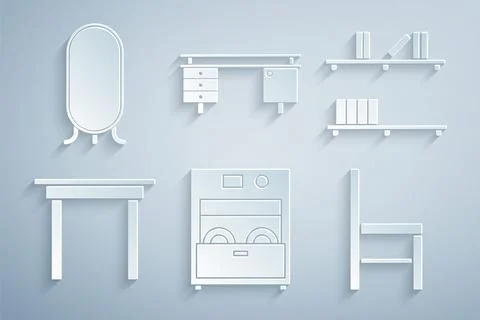 Set Kitchen dishwasher machine, Shelf with books, Wooden table, Chair, Office Illustrazione stock