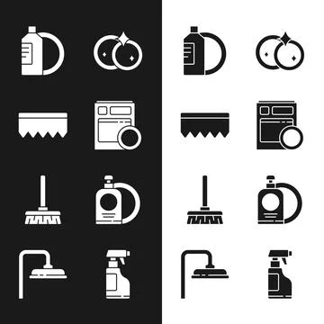 Set Kitchen dishwasher machine, Sponge with bubbles, Dishwashing liquid bottle Stock Illustration
