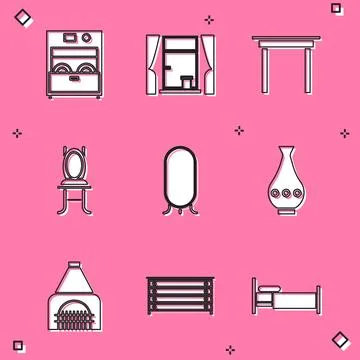 Set Kitchen dishwasher machine, Window with curtains, Wooden table, Chair, .. Stock Illustration