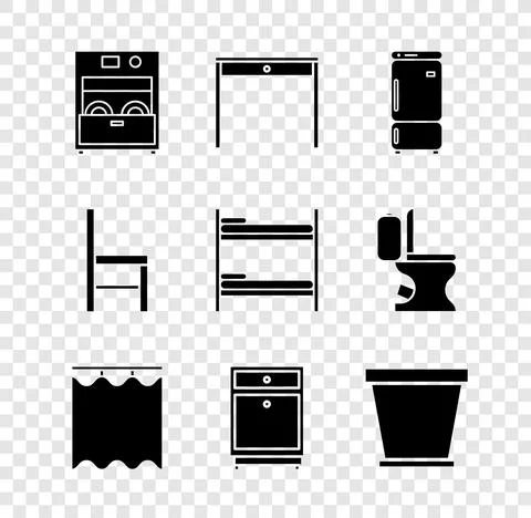 Set Kitchen dishwasher machine, Wooden table, Refrigerator, Curtains, Furniture Stock Illustration