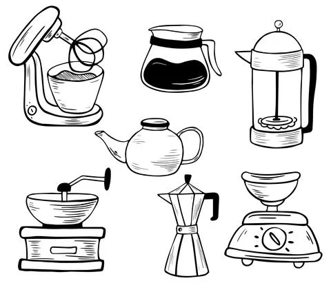 Set of Kitchen electronic tools. Line art. Mixer, scales, coffee grinder, gey Stock Illustration
