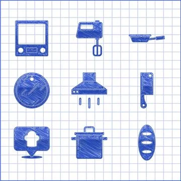 Set Kitchen extractor fan, Cooking pot, Bread loaf, Meat chopper, Chef hat with Stock Illustration