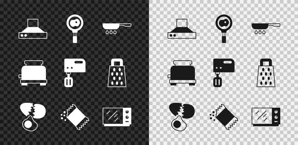 Set Kitchen extractor fan, Fried eggs on frying pan, Frying, Broken, Packet.. Stock Illustration
