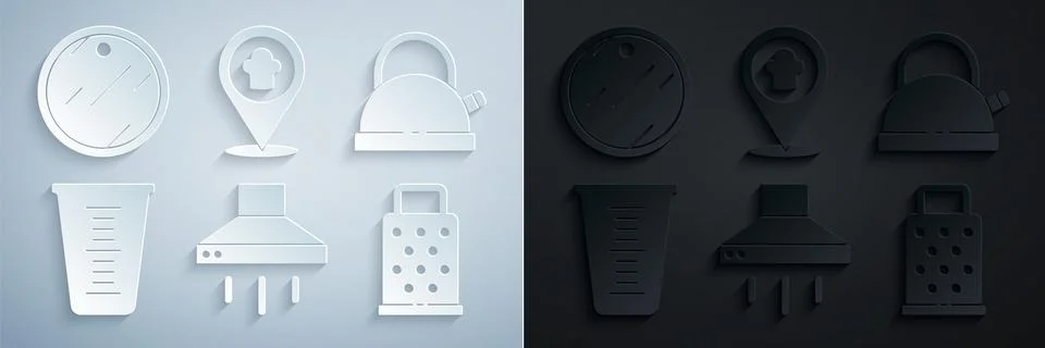 Set Kitchen extractor fan, Kettle with handle, Measuring cup, Grater, Chef hat Illustration