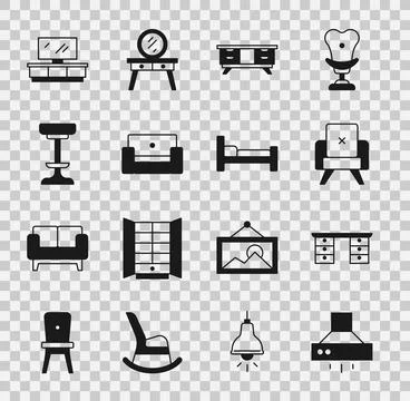 Set Kitchen extractor fan, Office desk, Armchair, TV table stand, Chair,  a.. Stock Illustration