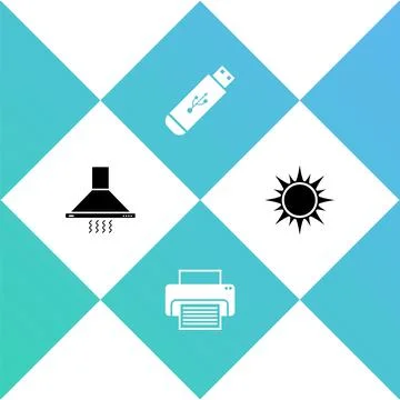 Set Kitchen extractor fan, Printer, USB flash drive and Sun icon. Vector Stock Illustration