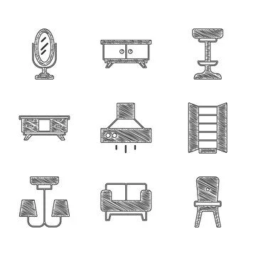 Set Kitchen extractor fan, Sofa, Chair, Wardrobe, Chandelier, TV table stan.. Stock Illustration