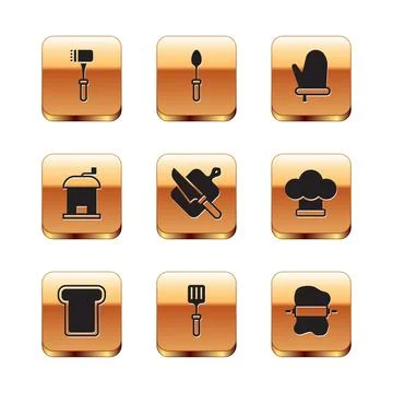 Set Kitchen hammer, Bread toast, Barbecue spatula, Cutting board and knife Stock Illustration
