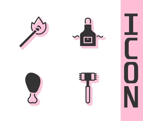 Set Kitchen hammer, Burning match with fire, Chicken leg and apron icon. Vector Stock Illustration