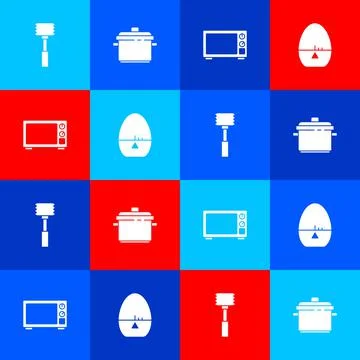 Set Kitchen hammer, Cooking pot, Microwave oven and timer icon. Vector Illustrazione stock