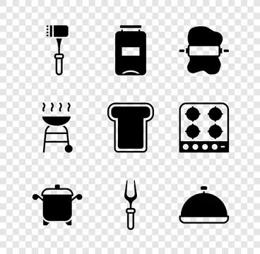 Set Kitchen hammer, Jam jar, Rolling pin on dough, Cooking pot, Barbecue fo.. Stock Illustration