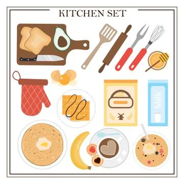 Set of kitchen items and dishes for breakfast. Vector illustration of a dining Stock Illustration