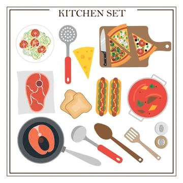 Set of kitchen items and dishes for dinner. Vector illustration of a dining Stock Illustration