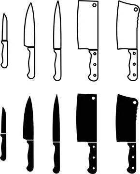 Set of kitchen knife line and flat silhouette. Meat cutting knives collecti.. Stock Illustration