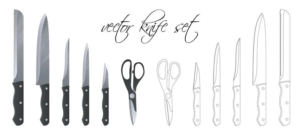 Set of kitchen knife, scissors and cutter. Linear set. Vector illustration. S Stock Illustration