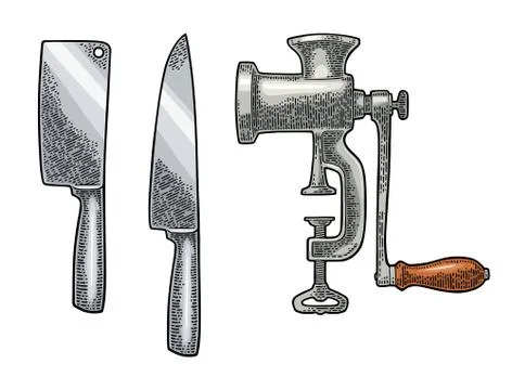 Set kitchen knifes and classic manual meat grinde Stockillustratie