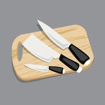 Set of kitchen knives on a board, top view Illustrazione stock