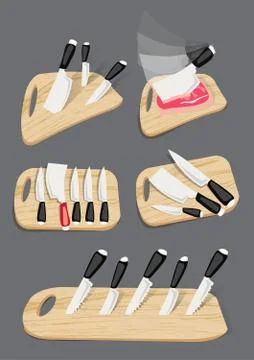 Set of kitchen knives on a board, top view Stock Illustration