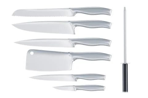Set of kitchen knives with knife sharpener, 3D rendering Illustrazione stock