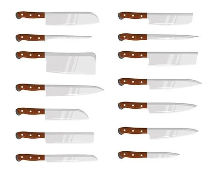 A set of kitchen knives, types of cutlery, and a meat cleaver Stock Illustration