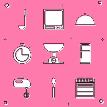 Set Kitchen ladle, Electronic scales, Covered with tray, timer, Refrigerator Stock Illustration