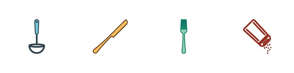 Set Kitchen ladle, Knife, Fork and Salt and pepper icon. Vector Stock Illustration