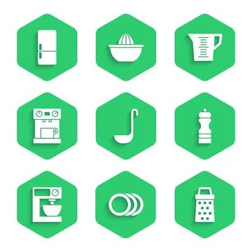 Set Kitchen ladle, Plate, Grater, Pepper, Electric mixer, Coffee machine Stock Illustration