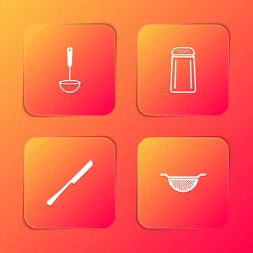 Set Kitchen ladle, Salt and pepper, Knife and colander icon. Vector Illustration