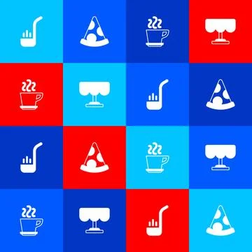 Set Kitchen ladle, Slice of pizza, Coffee cup and Wooden table icon. Vector Illustrazione stock
