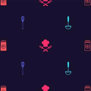 Set Kitchen ladle, whisk, Chef hat and fork and Salt pepper on seamless pattern 스톡 일러스트