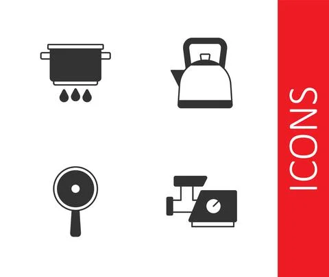 Set Kitchen meat grinder, Cooking pot on fire, Frying pan and Kettle with handle Illustration