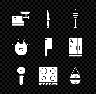 Set Kitchen meat grinder, Knife, Honey dipper stick, Pizza knife, Gas stove.. Stock Illustration